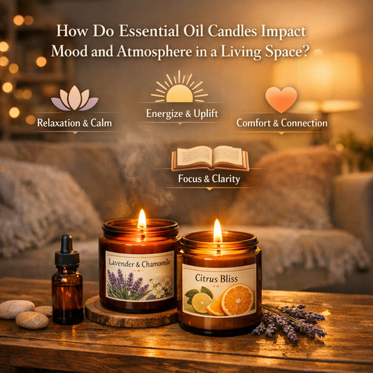 Lit candles with essential oil information 