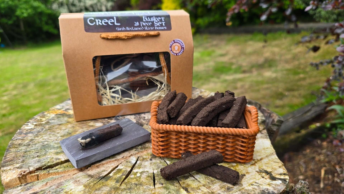 irish creel basket with turf incense