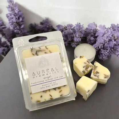Aureal Angel frankincense, lavender and sage soy wax melts in a clear pack with lavender