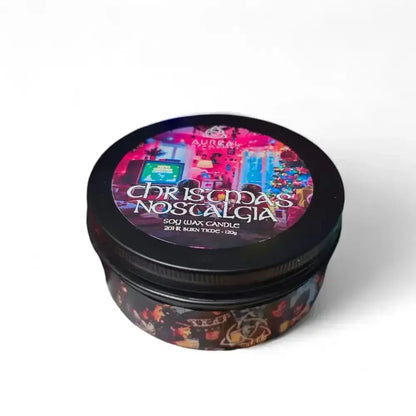 Christmas Nostalgia soy wax candle in a black tin with a colourful lid