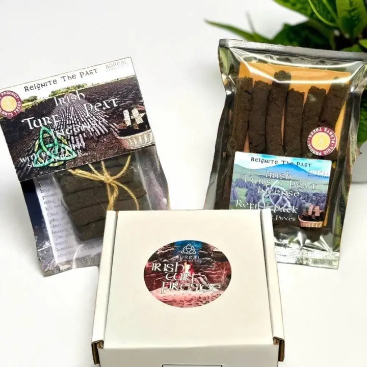 Irish Turf Peat Incense pack, a Refill Pack and an Irish Turf Fireside candle box