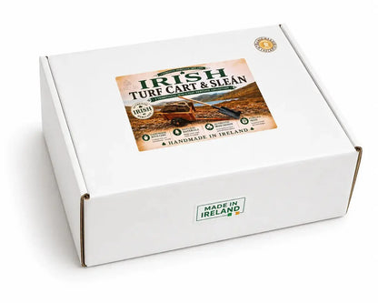 White Irish Turf Cart and Sleán gift box with a Made in Ireland sticker