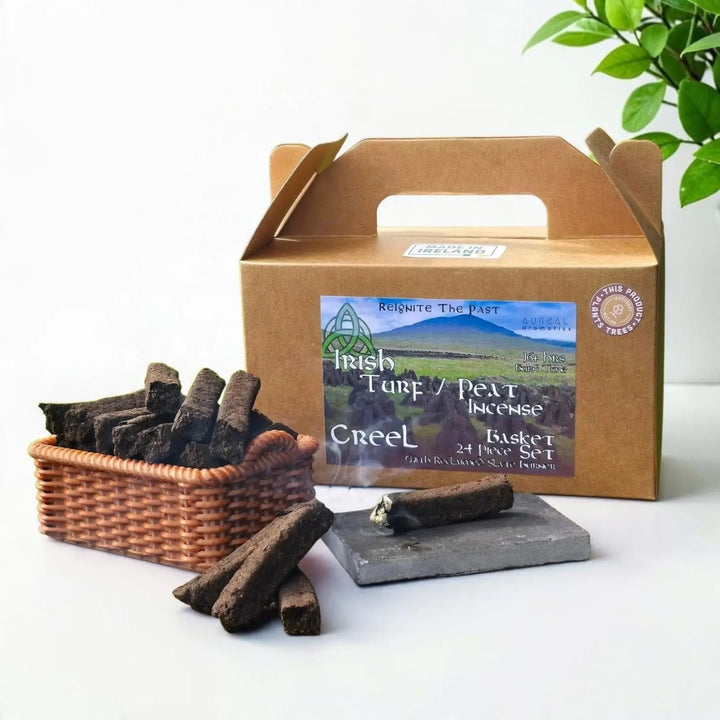 Irish Turf Peat Incense Creel Basket Set box, a basket of turf sods and a sod on a slate