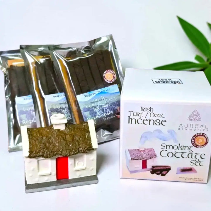 Cottage burner, Smoking Cottage Set box and three Refill Packs in silver foil bags