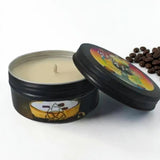 Irish Coffee candle in a black tin with a coffee cup label, coffee beans behind