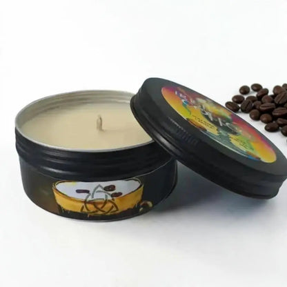 Irish Coffee candle in a black tin with a coffee cup label, coffee beans behind