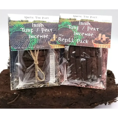 Irish Turf Peat Incense pack with slate burner and a 14x Refill Pack on a block of turf