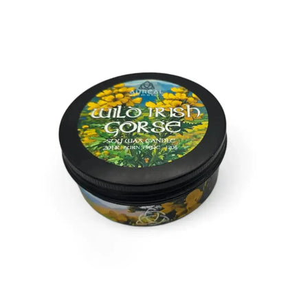 Wild Irish Gorse soy wax candle tin with a yellow flower label
